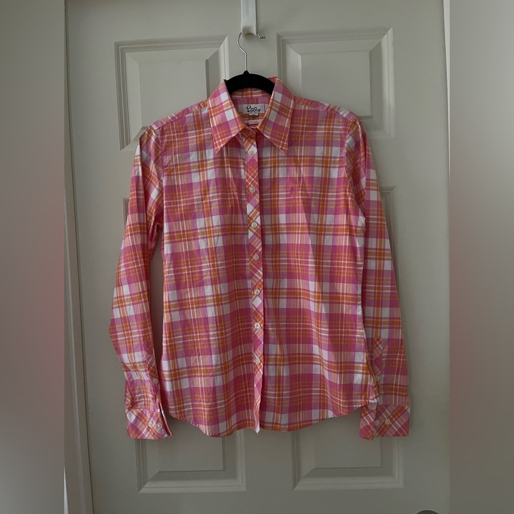 Vintage Lilly Pulitzer White Label Plaid Button Up
Shirt pink/orange palm tree